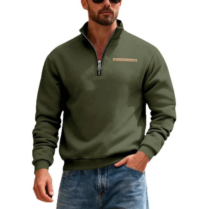 Men's loose fit sport sweatshirt with stand collar and contrast stripes in army green colour