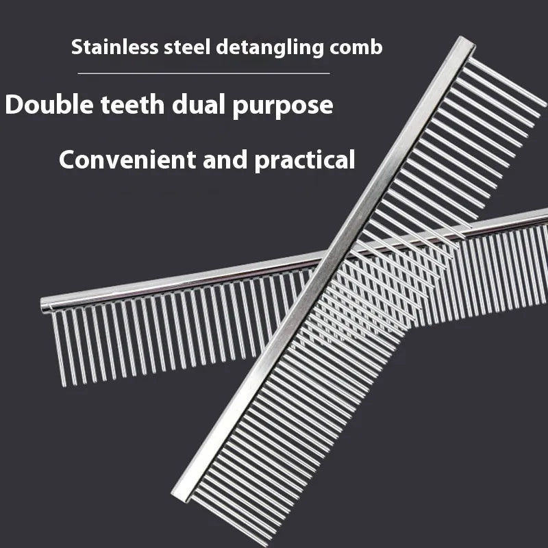 Silver stainless steel straight pet comb for cats and dogs, available in multiple sizes, with metal teeth and a solid handle.