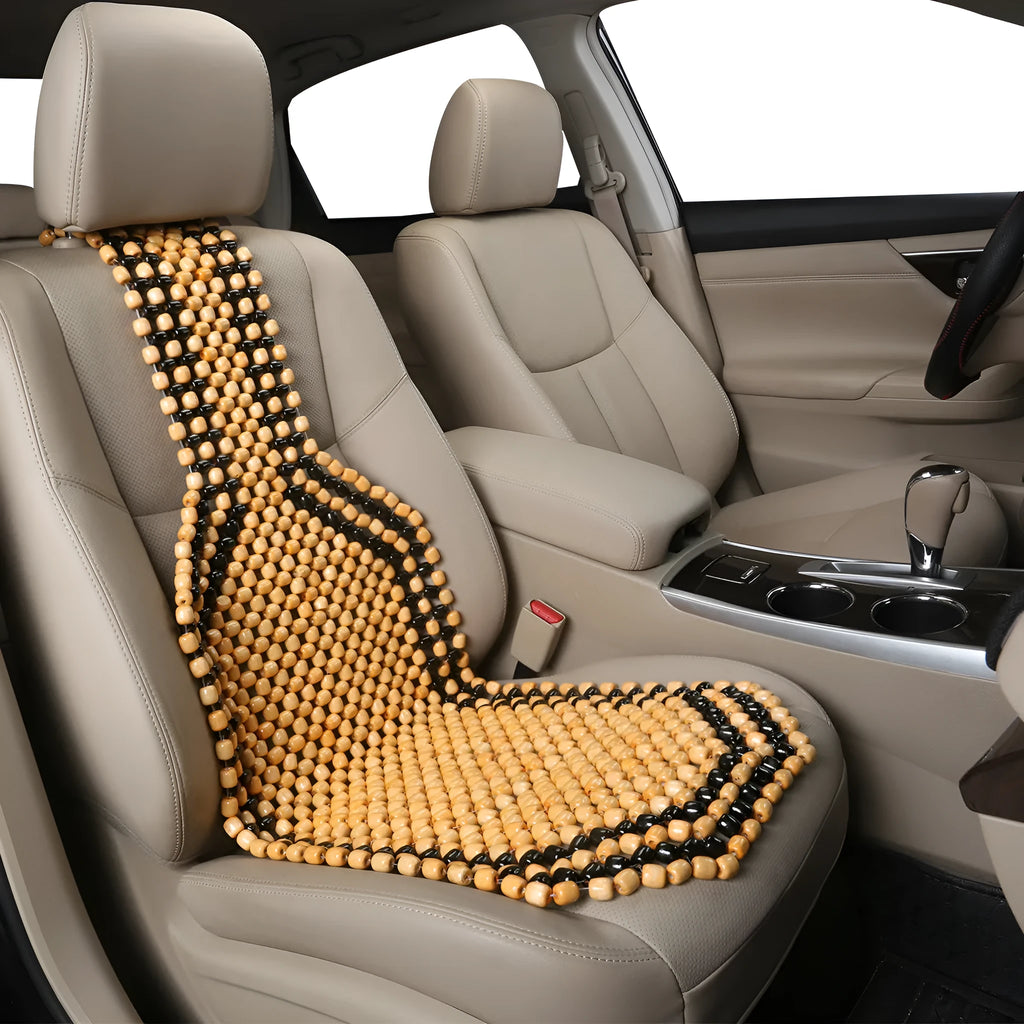 Beige and black car seat cushions with breathable mesh fabric and elastic strap fastening