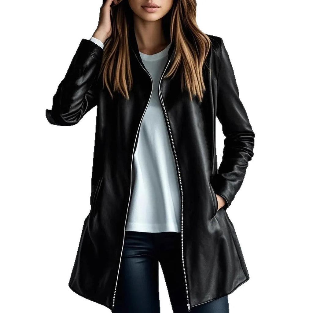 Black women's leather jacket medium length 65cm with long sleeves