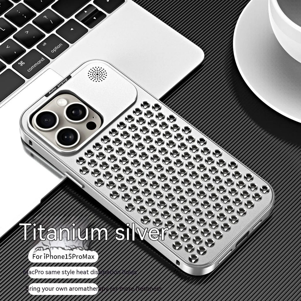 Aluminium alloy spring fastener king aromatherapy phone case for iPhone, frosted finish, magnetic anti-fall, black colour