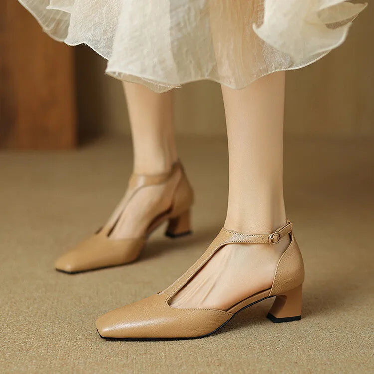 Wine red women's retro square toe buckle heels with a chunky block heel made from sheepskin leather.