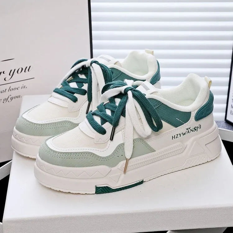 Children's high board shoes with thick rubber soles and cross shoulder straps in beige, green, and red colours