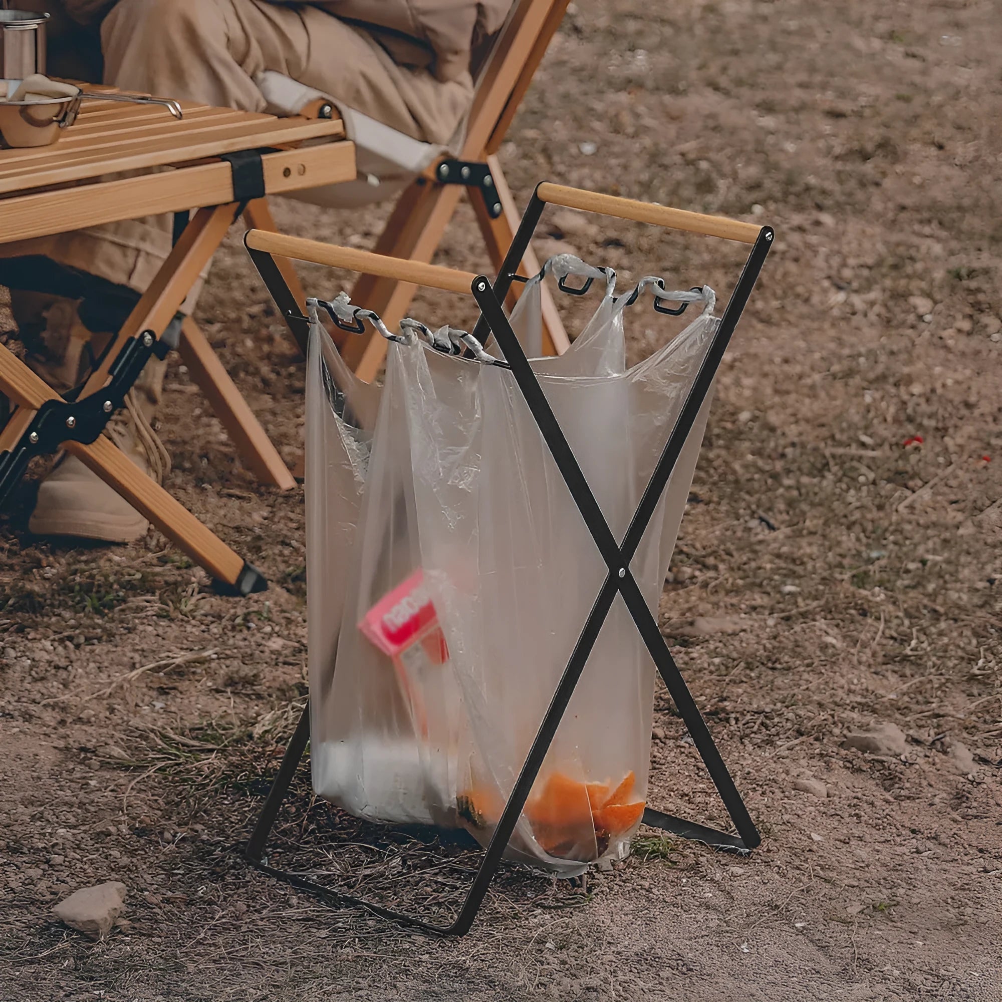 Outdoor iron garbage storage hanger with wooden handle in folded position