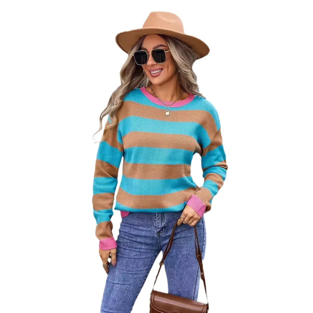 Women's loose fit acrylic sweater with long sleeves in striped or plaid pattern, colours: khaki, yellow, orange, pink, blue.