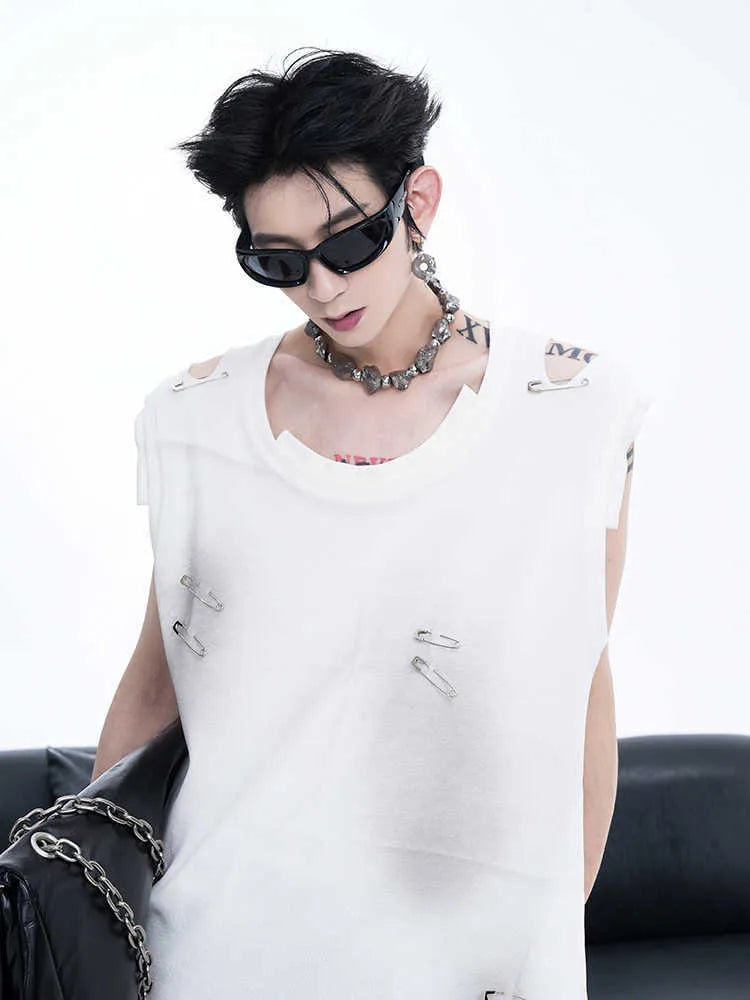Men's black sleeveless vest t-shirt with ripped irregular cutting design showing round neck collar and cotton blend fabric