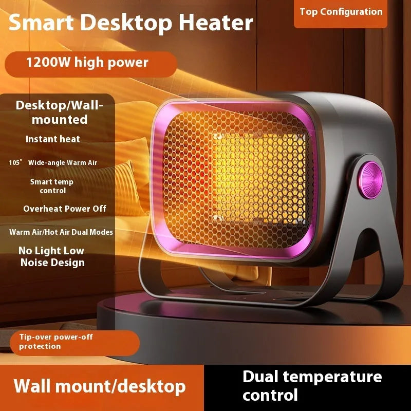 Grey PTC ceramic desktop heater with rotatable base on wooden desk