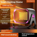 Grey PTC ceramic desktop heater with rotatable base on wooden desk