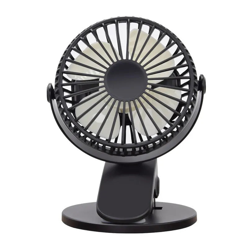 USB rechargeable clip fan with battery options in multiple colours attached to a surface