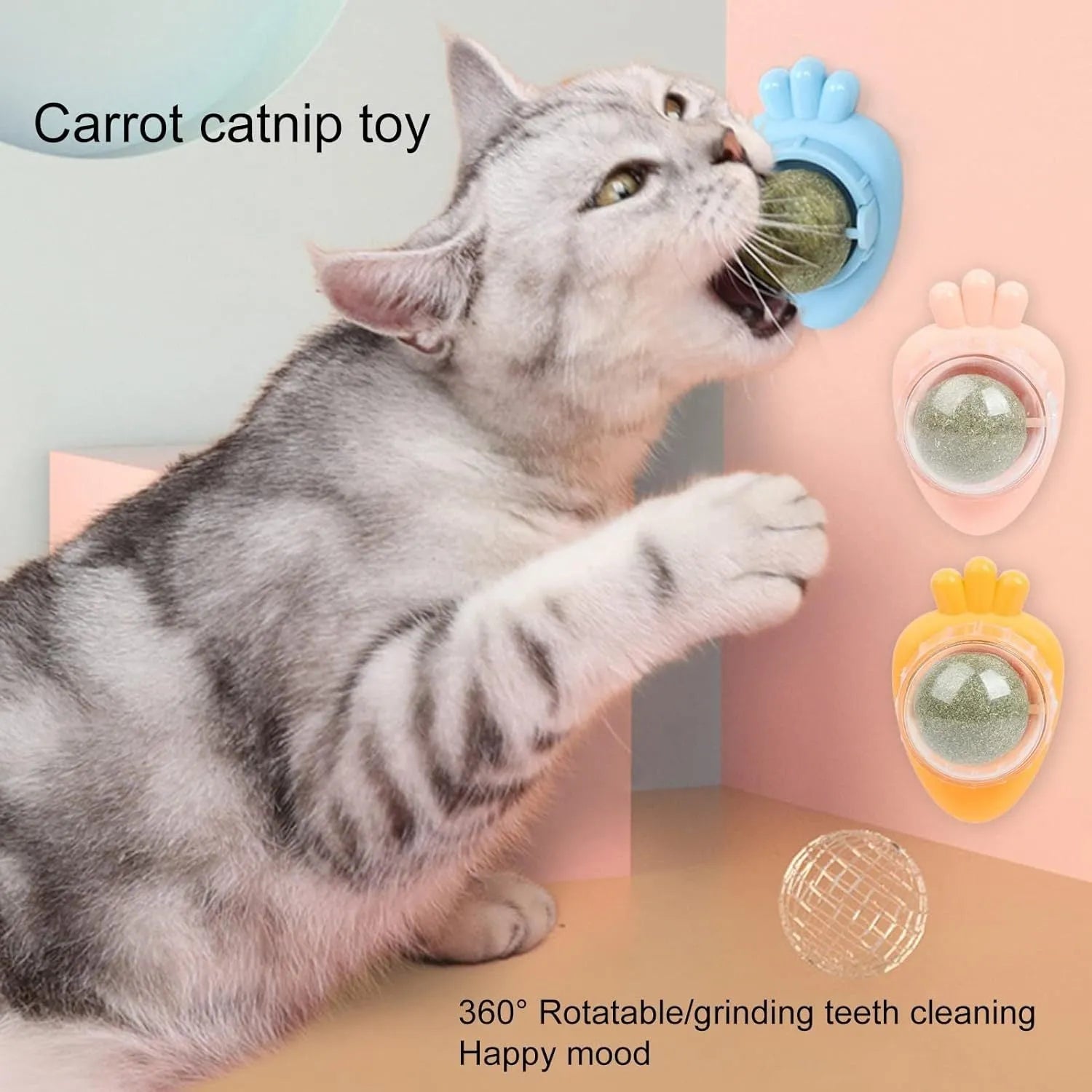 Four blue carrot-shaped catnip balls with self-adhesive stickers and protective cover