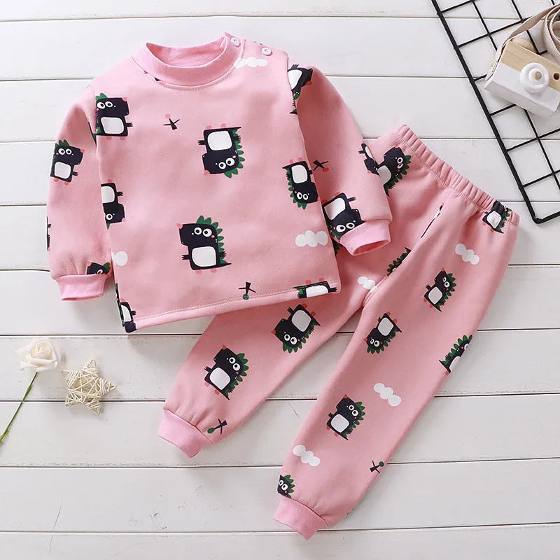 Children's fleece-lined thermal underwear set with coral fleece cotton in cartoon print for autumn winter