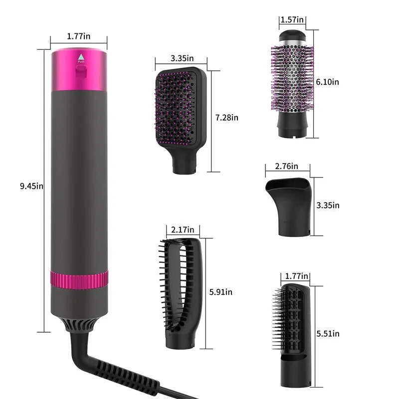 Dyson grey 5-in-1 hair dryer brush styling tool with hollow, nozzle, straight, and curly brush attachments