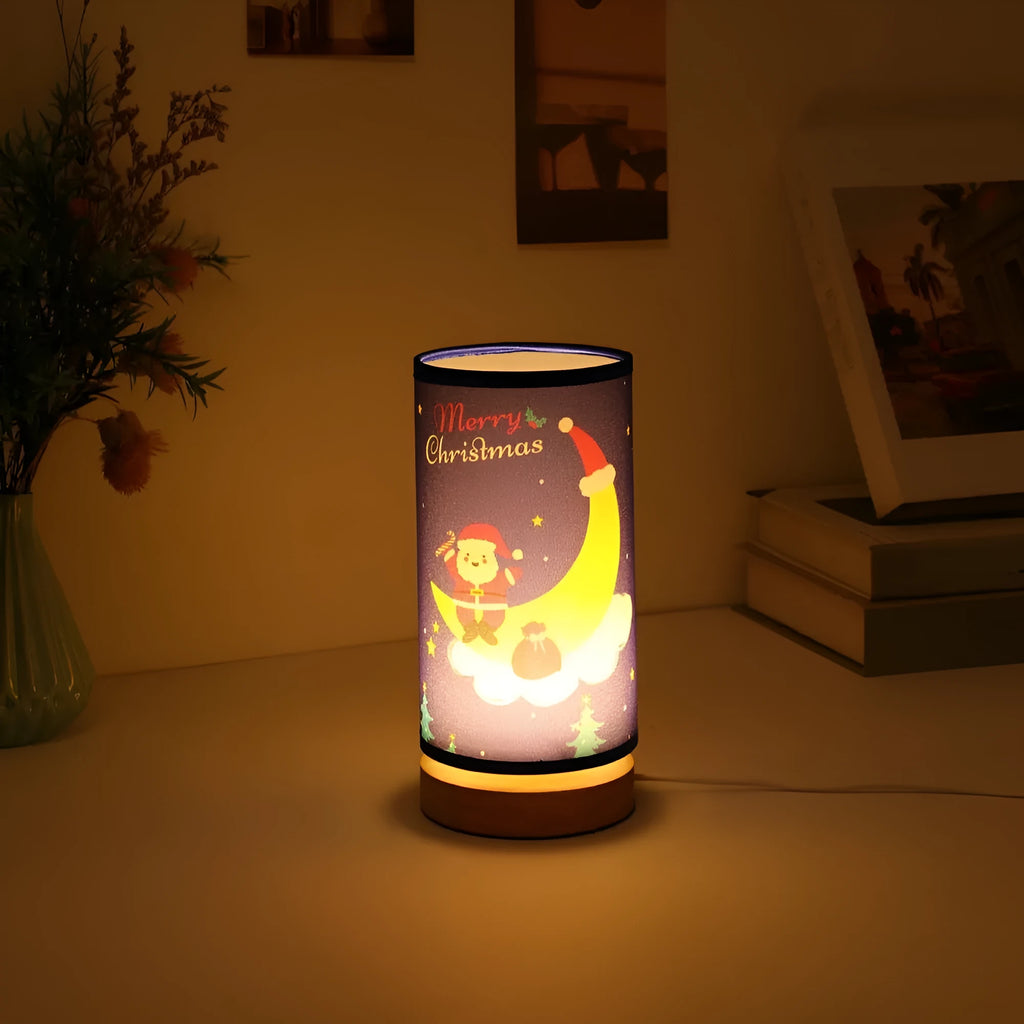 European-style Moon Santa Claus LED night light with bamboo base and USB plug.