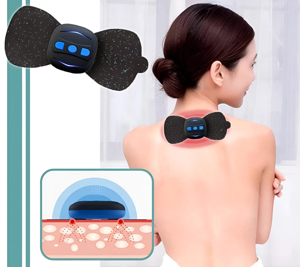 Portable mini neck massager in black with USB cable and single massage patch