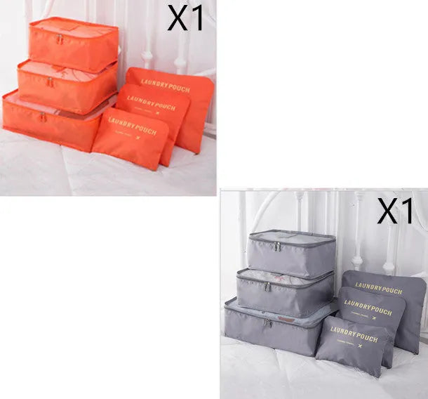 6 piece polyester travel storage bag set in hand bag type shape for clothes and cosmetic organisation, various colour options