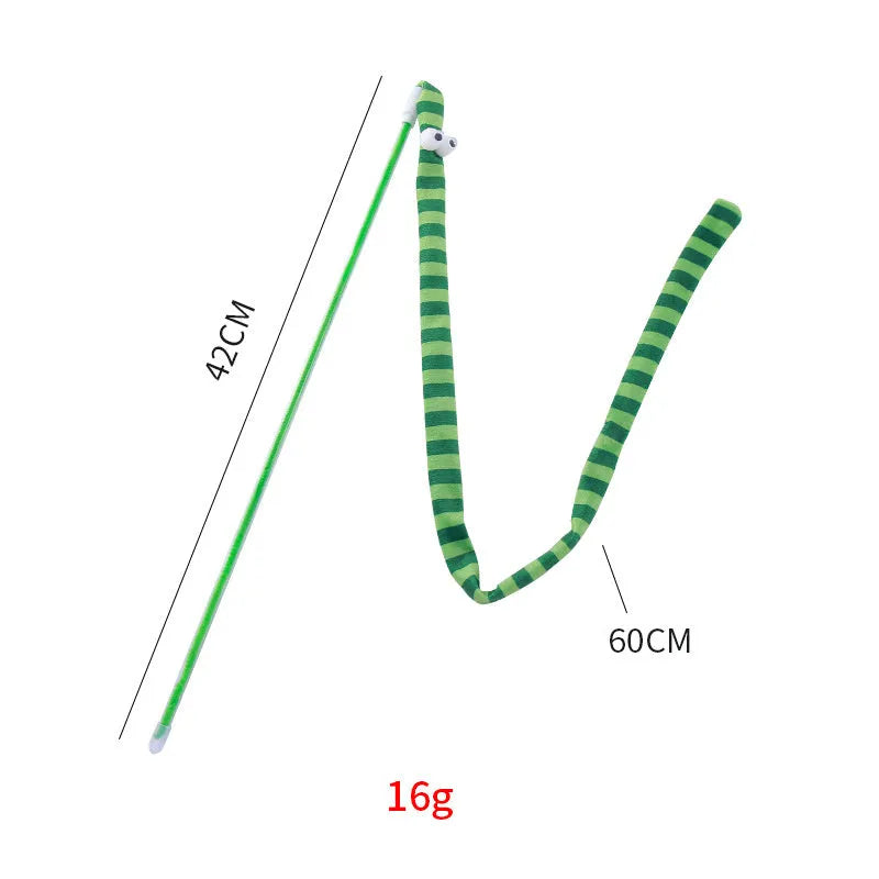 Cat wand toy with colourful plush strip attached to polycarbonate pole, shown in green colour option