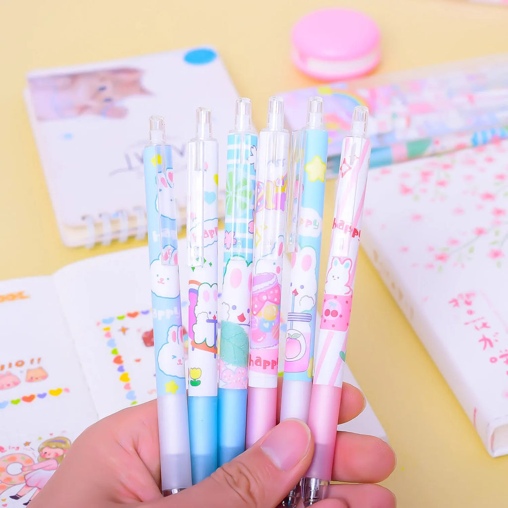 Six black plastic pens with 0.5mm tips and a cartoon bunny design.