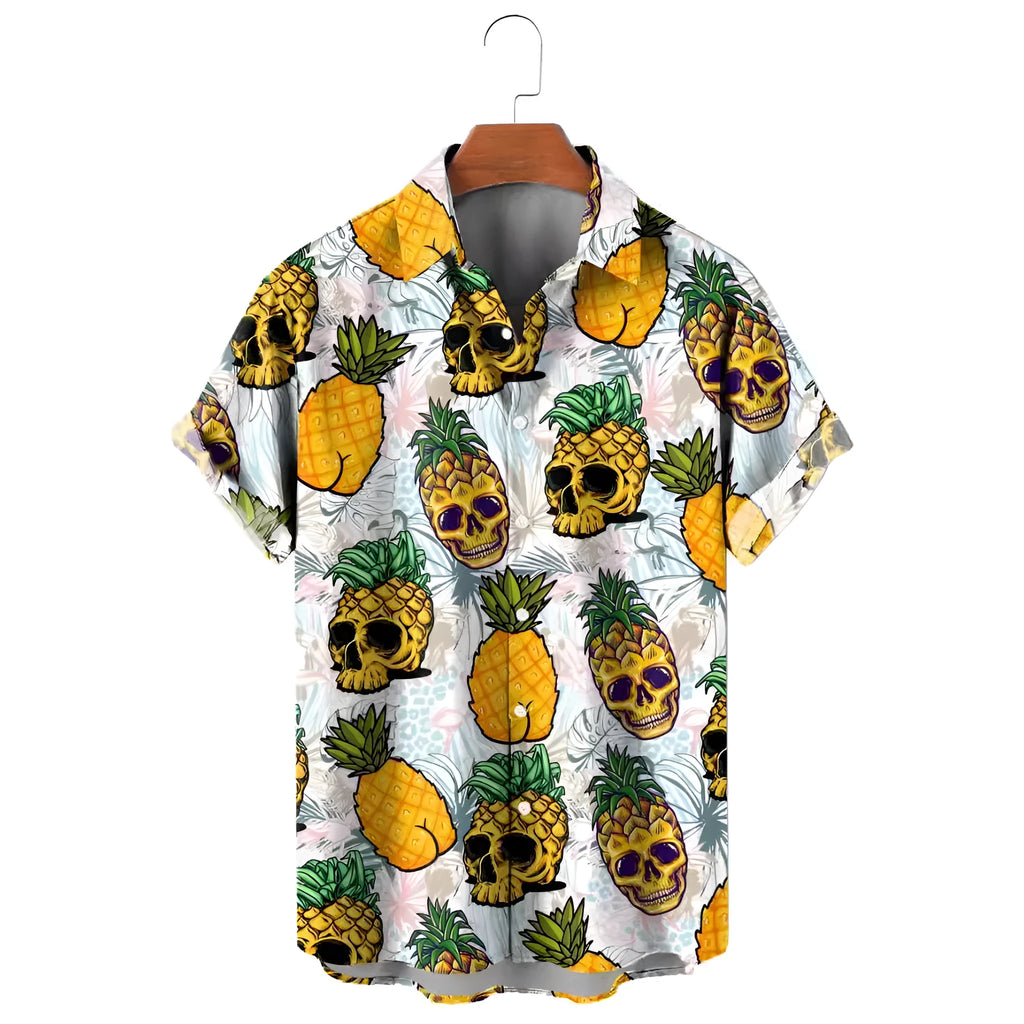 Men's loose fit 3D printed Hawaiian shirt with lemon and pineapple fruit pattern on dark background, short sleeves, polyester fabric
