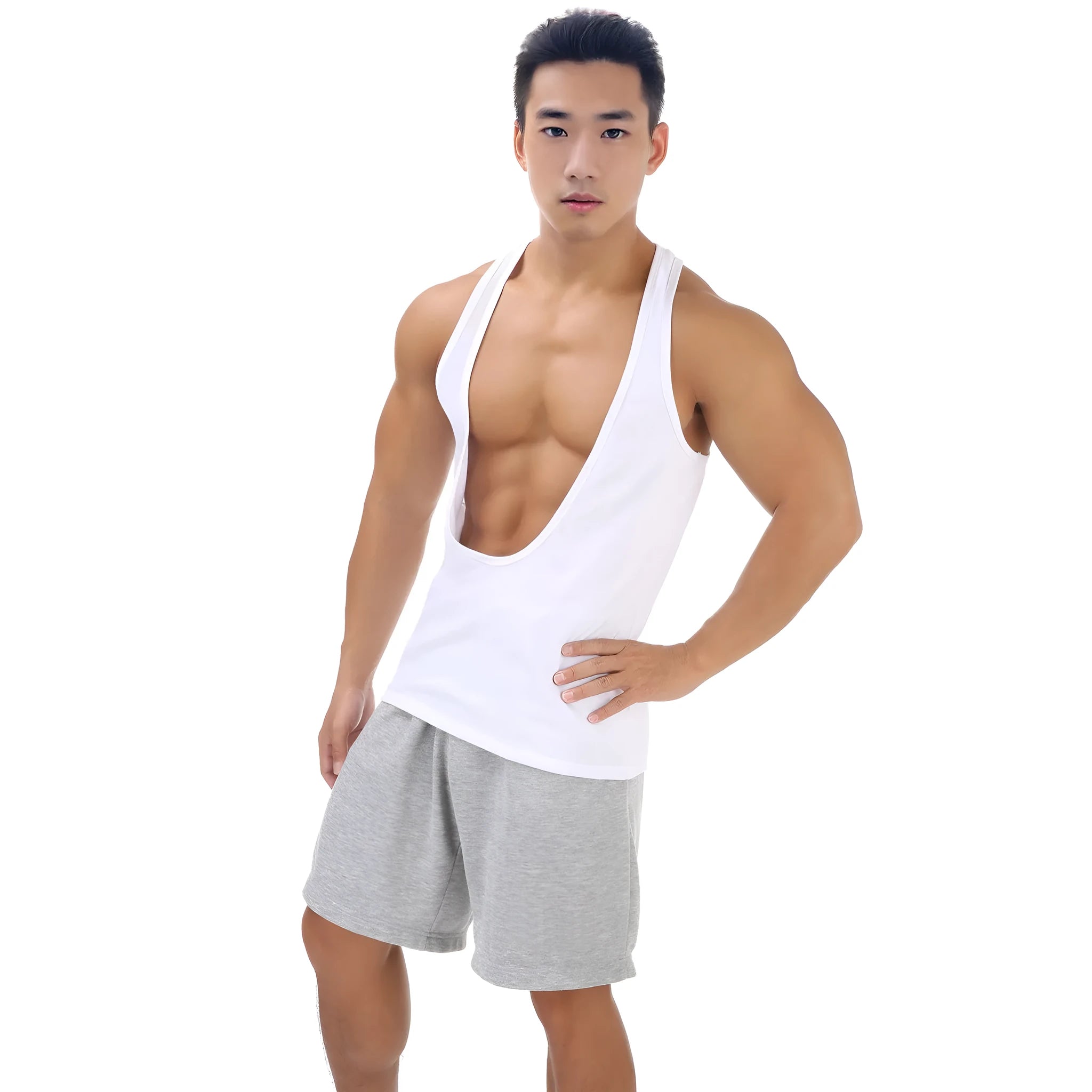 Men's loose-fitting deep V-neck nylon sports vest in black, front view, sleeveless design with wide armholes