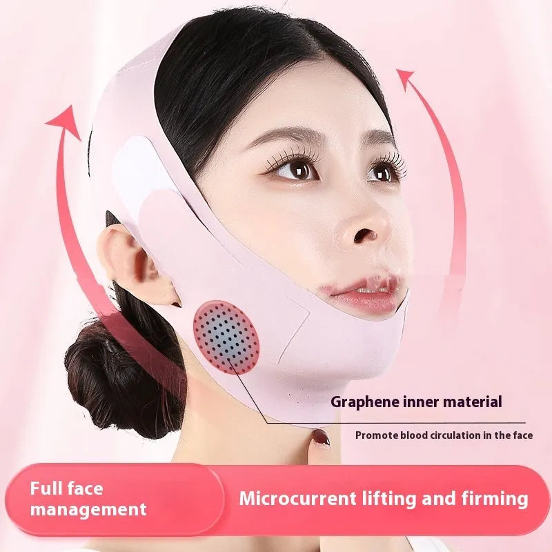 Small V face shaping mask in purple and green colours with breathable fabric construction