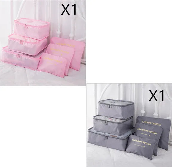 6 piece polyester travel storage bag set in hand bag type shape for clothes and cosmetic organisation, various colour options