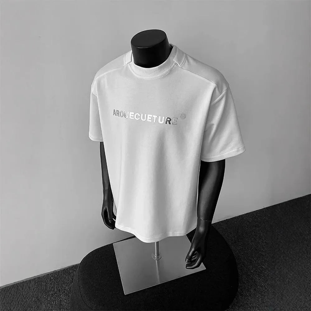 Men's white cotton short sleeve T-shirt with black letter pattern design, loose fit pullover style