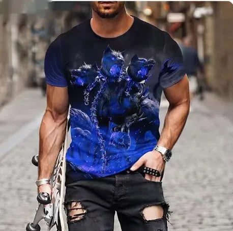 Men's black t-shirt with a large raised 3D print of a fierce lion's head on the front.