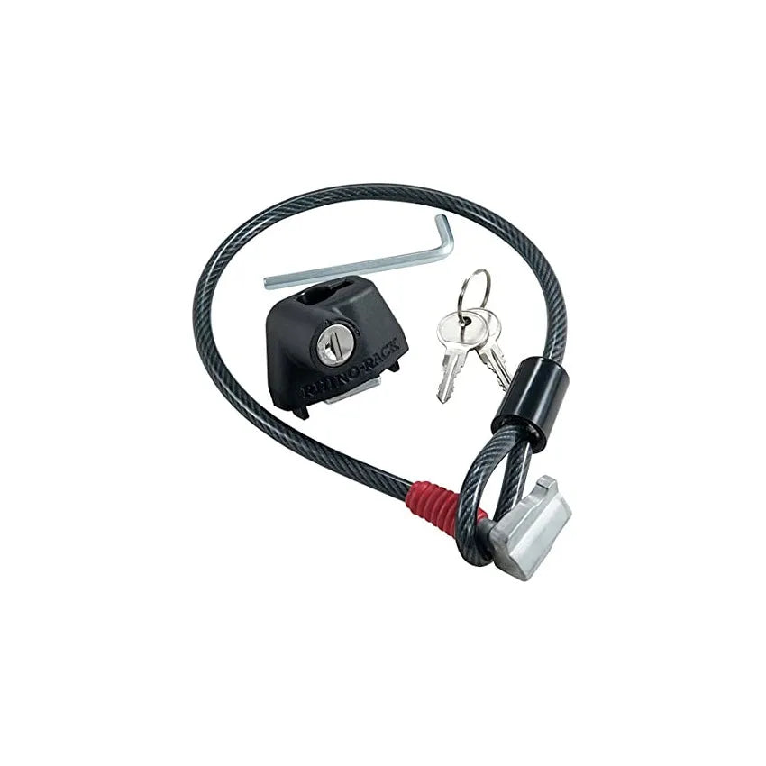 Plastic-sheathed steel cable lock for roof platforms with a lock mechanism, shown in 600mm and 1200mm lengths.