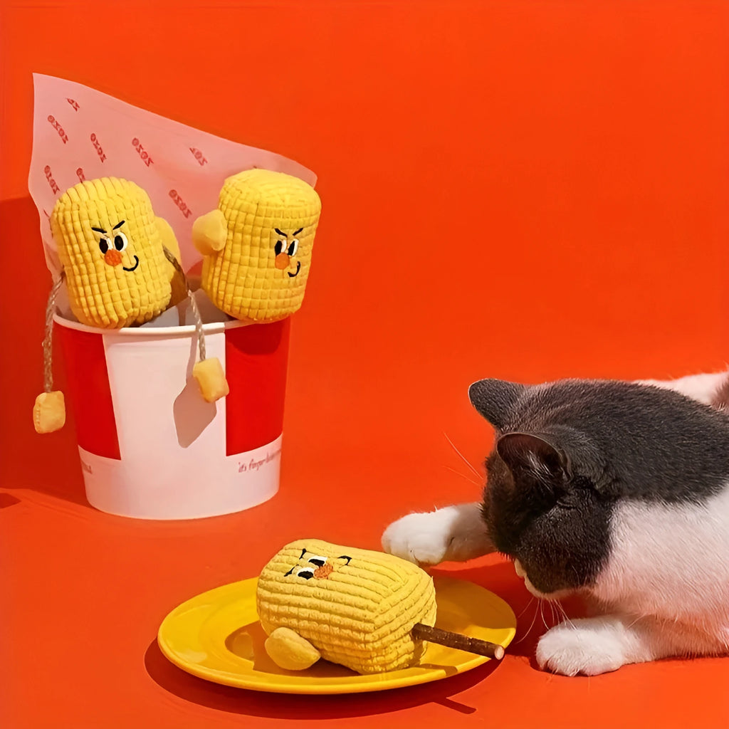 Corn cob shaped cat toy made from natural polio wood with catnip infusion for dental cleaning