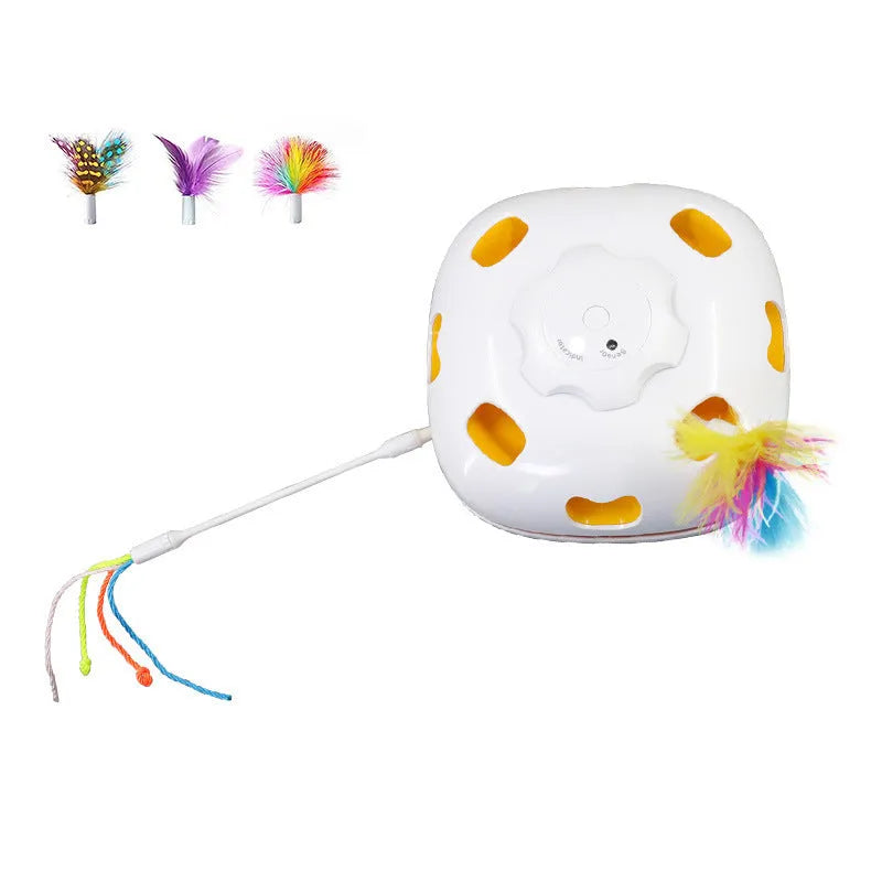 Colourful plastic cat toy with built-in teaser wand measuring 19.8 x 11.5 x 19.5cm