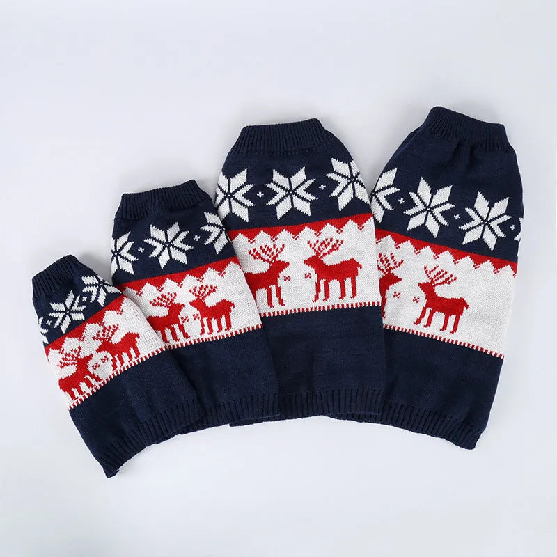 Navy blue knitted Christmas sweater for a dog on a white background.