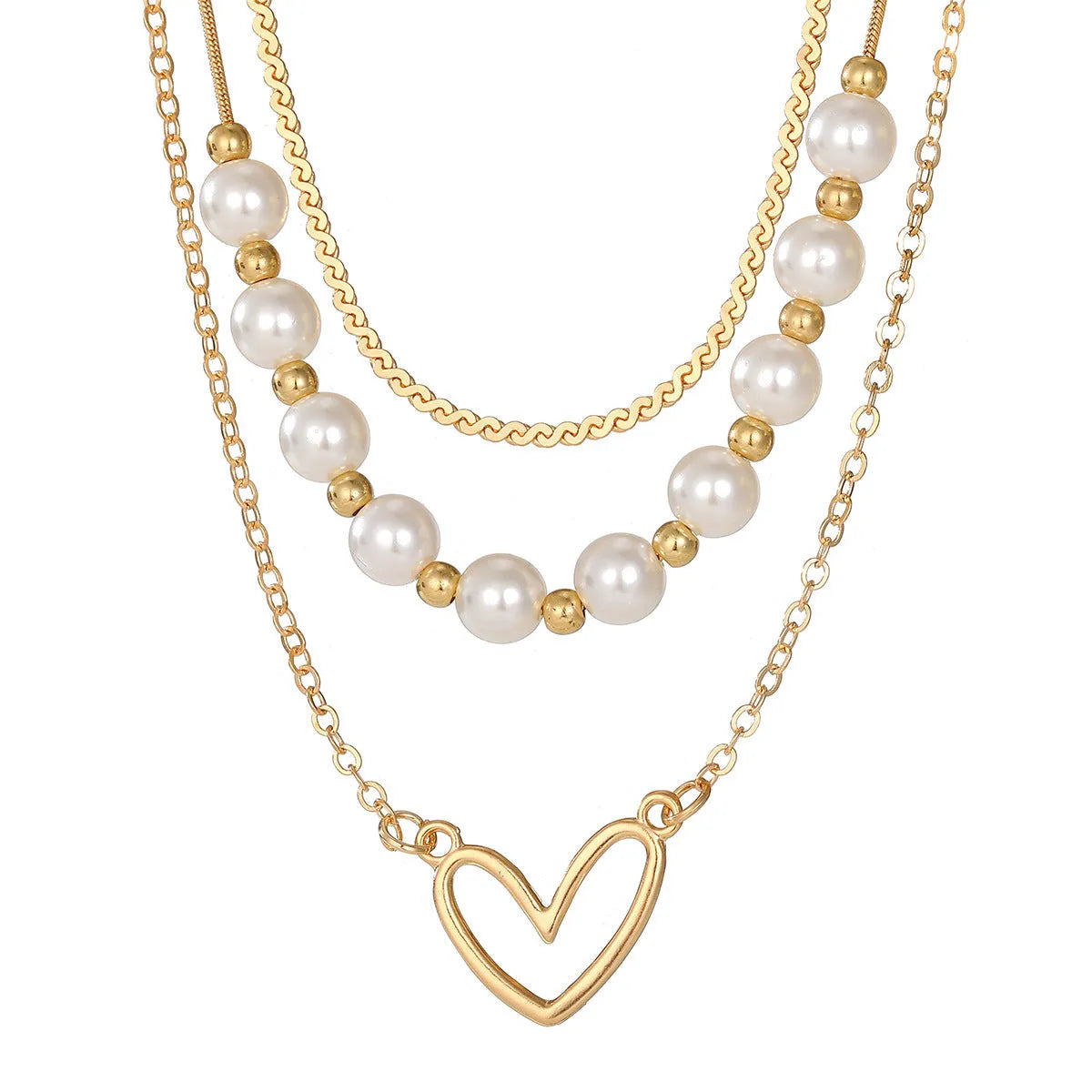 Vintage gold necklace with heart pendant on adjustable pearl chain, showing electroplated finish and love motifs