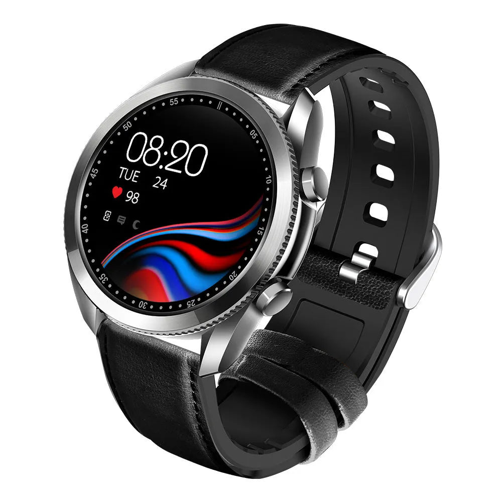 UM90 black metal smart watch with leather strap showing large screen displaying heart rate and call functions.