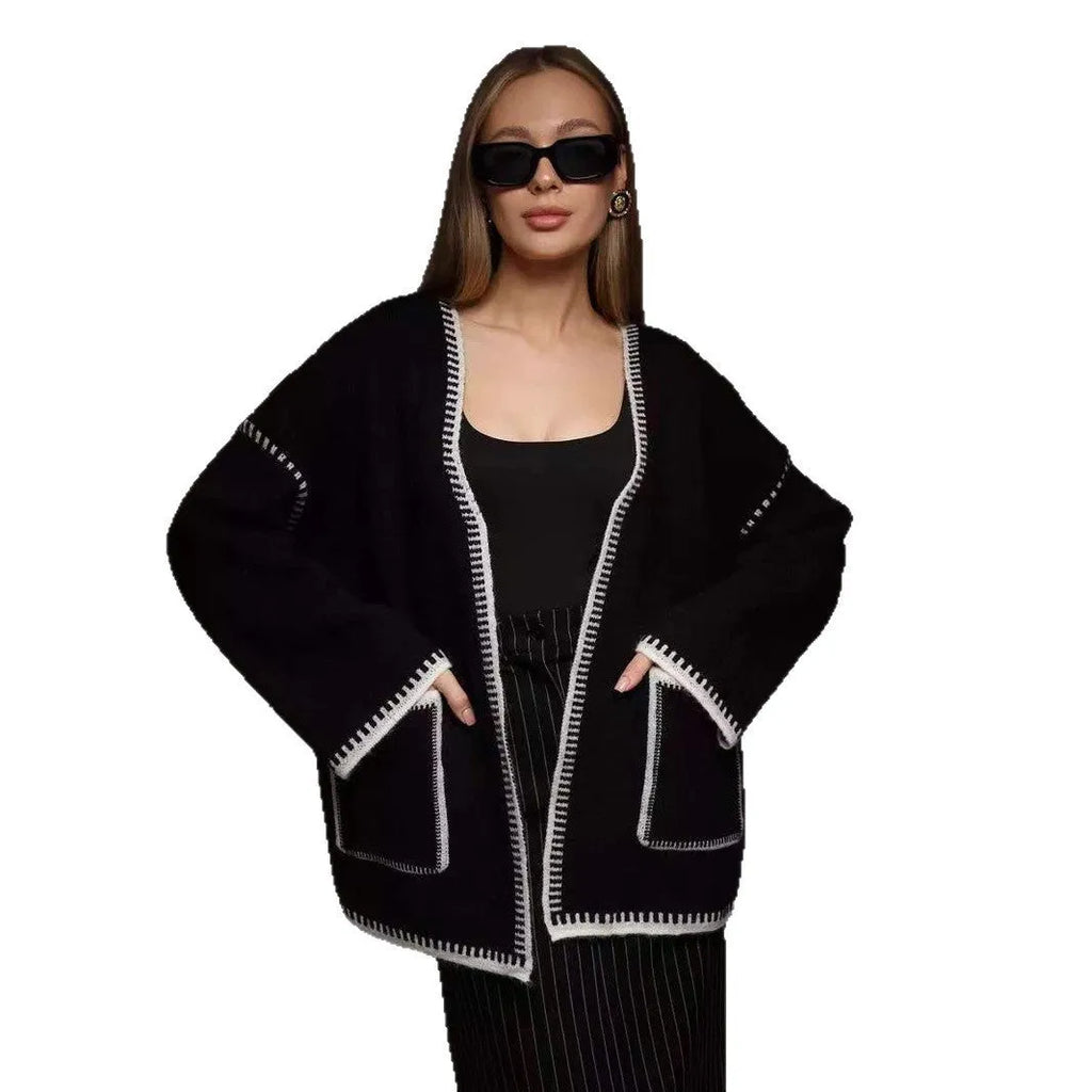 Loose mid-length knitted cardigan in imitation cashmere fabric with lace-up front
