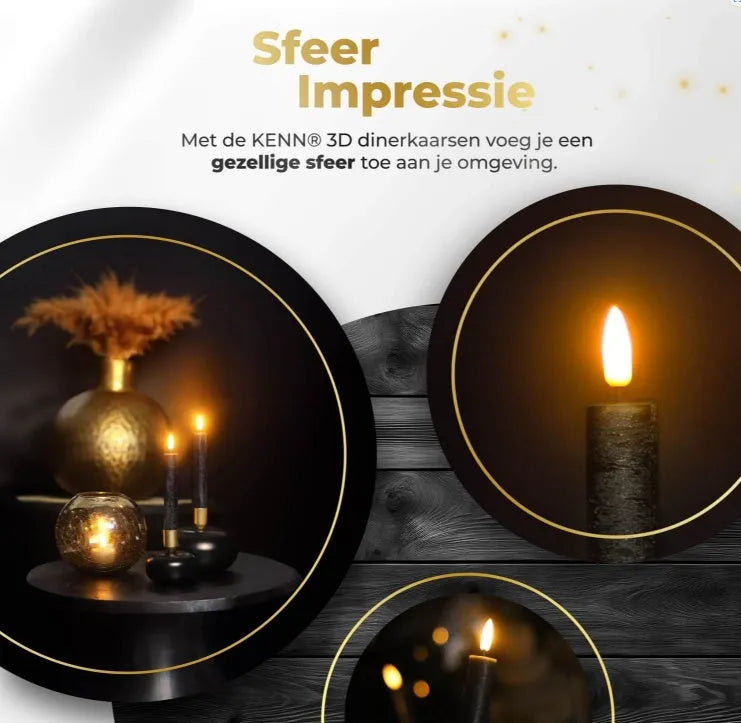 Black S2 3D Flame LED Taper Candle showing realistic flickering light effect on a dark surface.