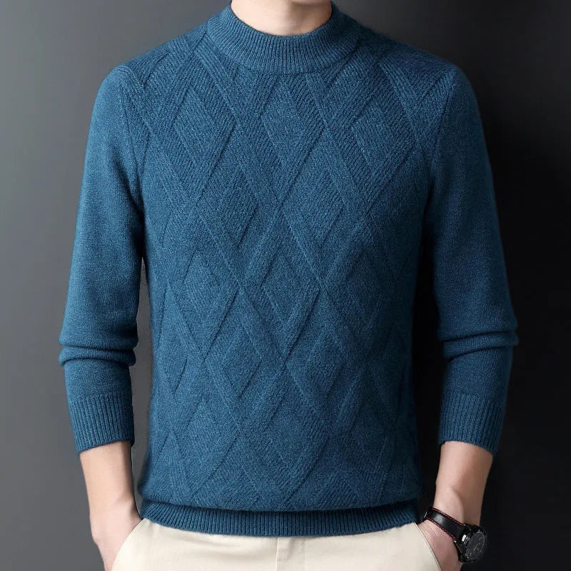 Men's winter thicken thermal plus size sweater in diamond jacquard wool blend pullover