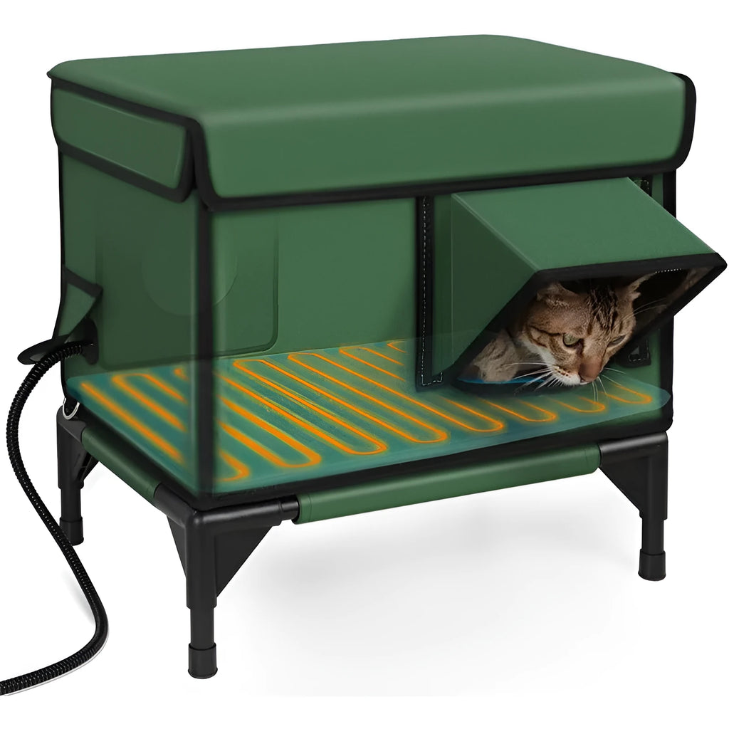 Green 900D PVC outdoor heated foldable cat house with charger for cats, sizes S M L