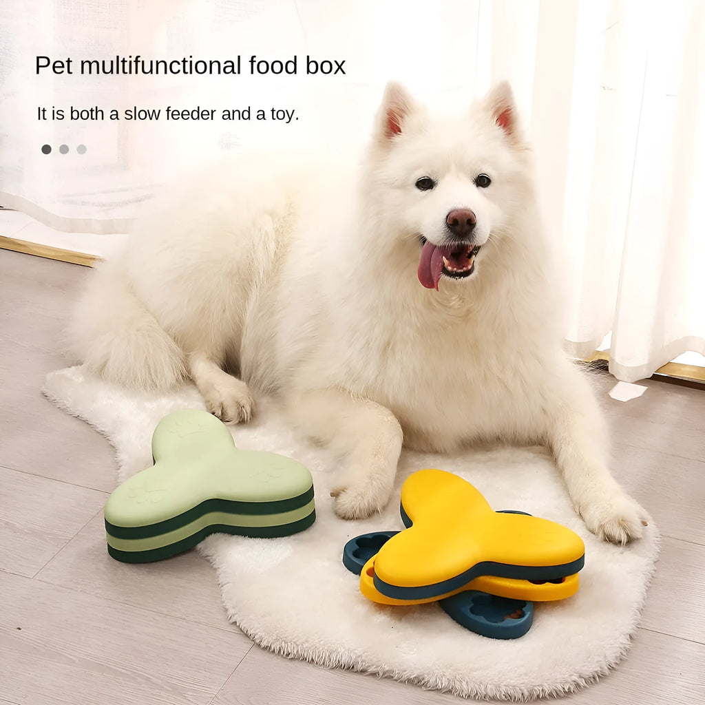 Green dog puzzle toy with bone-shaped covers showing nine compartments for treat dispensing