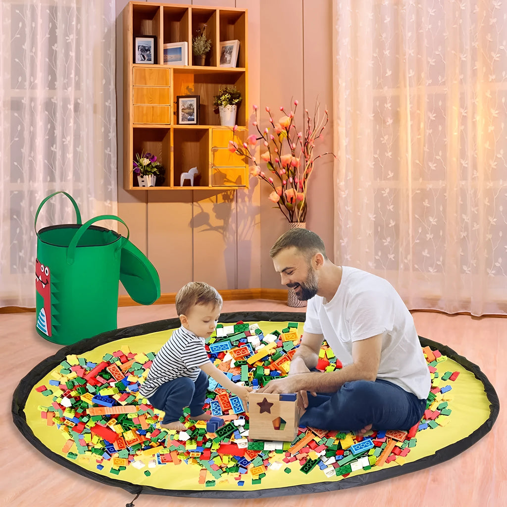 Green felt cube storage bag with pull rope closure opened as play mat