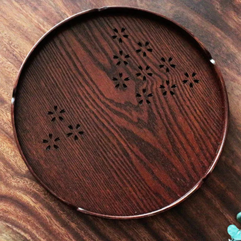 Wooden Japanese sakura pattern serving plate with cherry blossom cut-out design