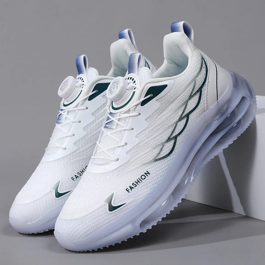 White low-top Korean style casual sports shoes with rotating button and lace-up closure on a rubber sole.