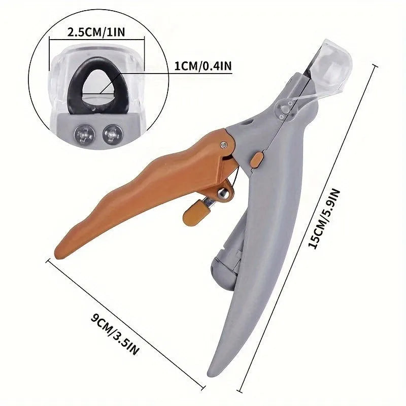 Yellow pet nail trimmer with LED lights, magnifying glass, and steel blades for trimming cat and dog nails