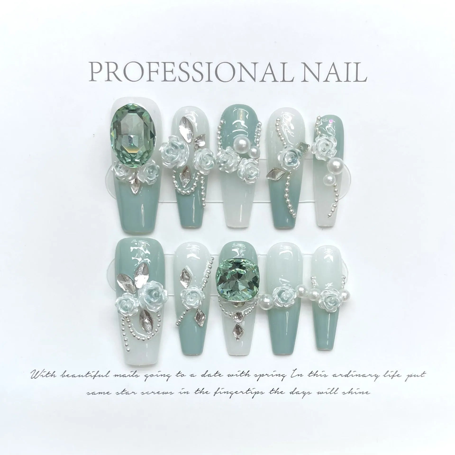 Armour green camellia gradient chain false nails with diamonds, bows and butterflies.