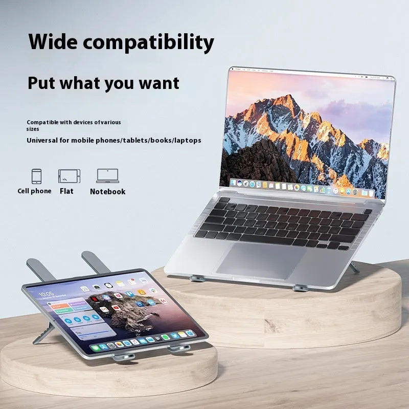Silver aluminium alloy laptop cooling stand with dual fans in a raised, open position on a desk.