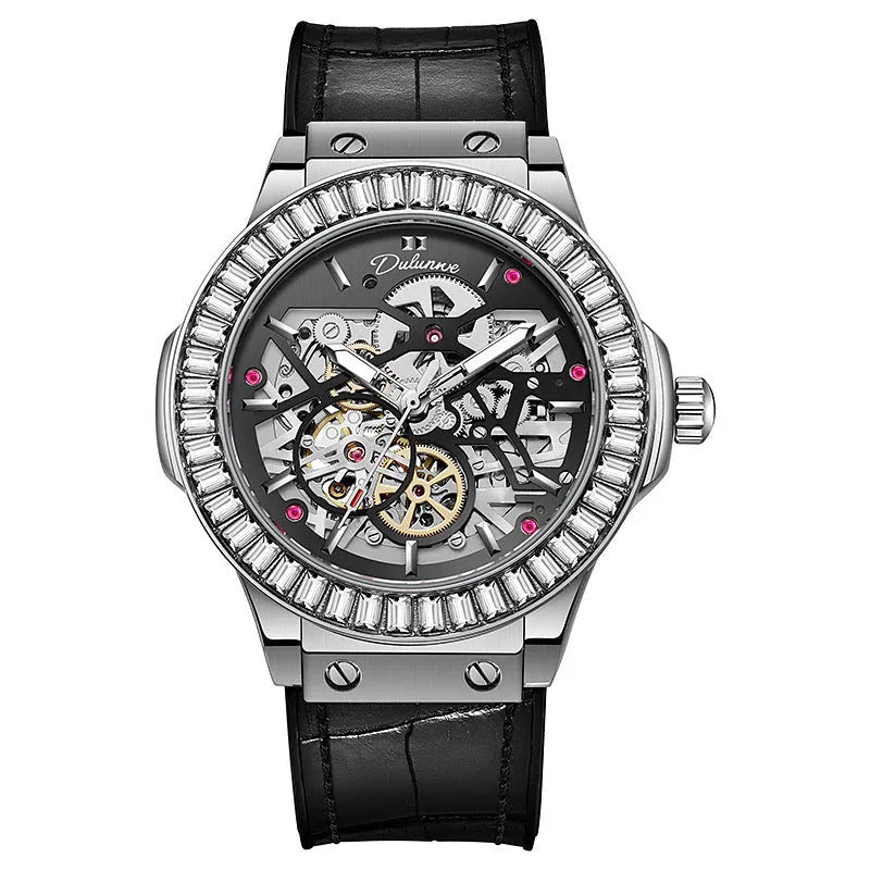 Automatic mechanical men's watch with hollow movement and diamond studs on white shell case