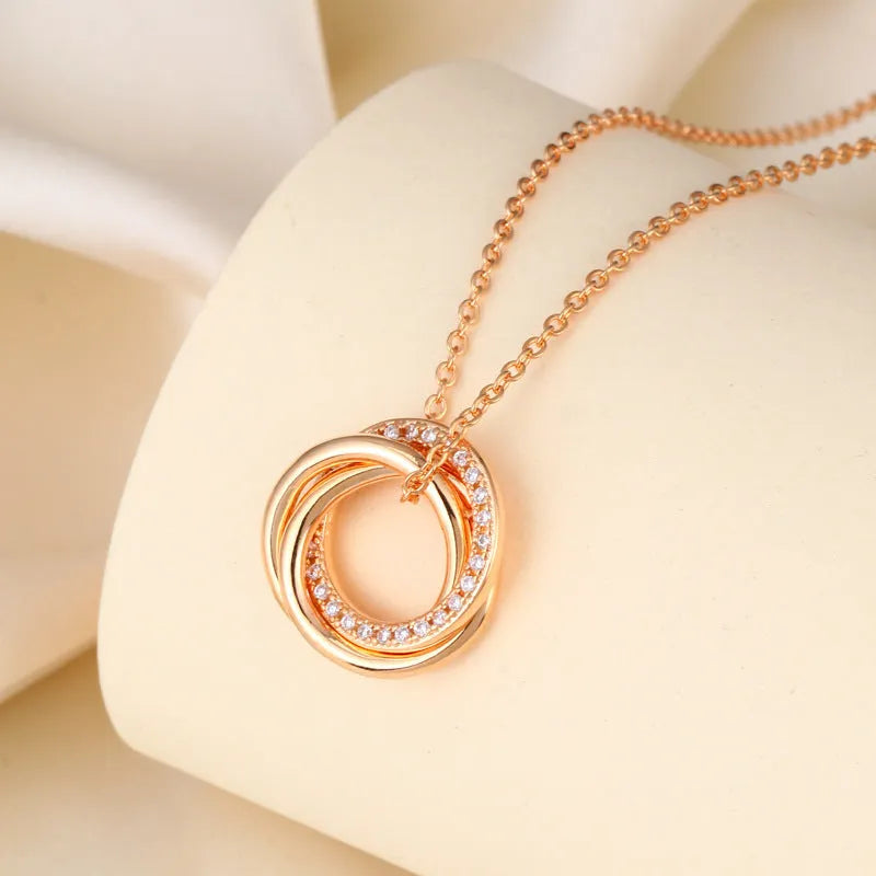 Seiko micro-inlaid interlocking circle necklace for women in champagne gold finish on copper pendant with 40.5cm chain