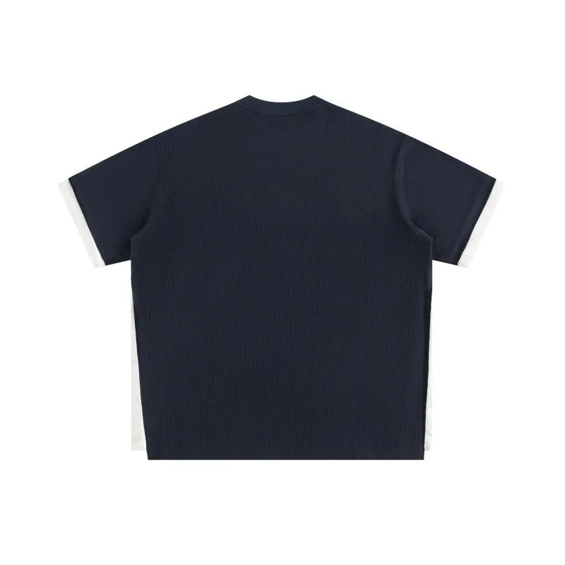 Men's loose fit waffle texture t-shirt with retro alphabet embroidery in navy blue colour
