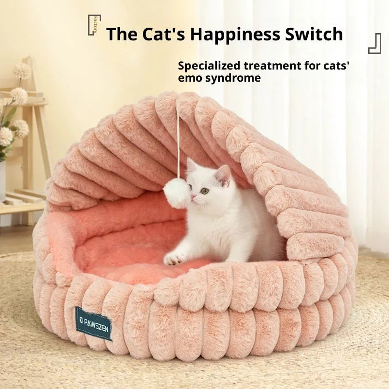 Large warm cat nest pet bed in gray shell design, 50cm diameter cloth material