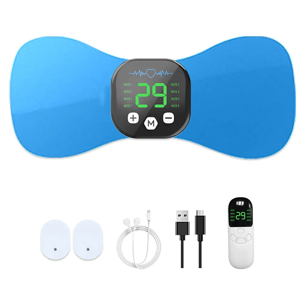 Blue cervical pulse massage pad with remote control and USB cable for EMS electrotherapy neck relief