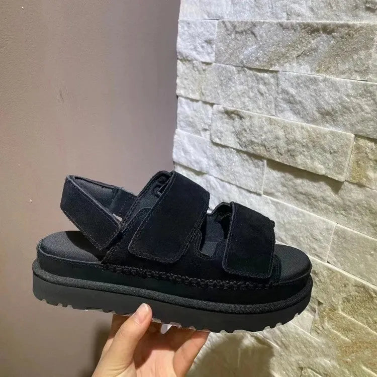 Women's plus size maroon peep toe platform sandals with Velcro straps and a round toe